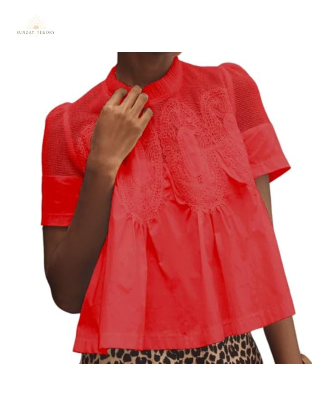 Women Lace Detail Flared Short Sleeve Crew Neck Mesh Swing Blouse